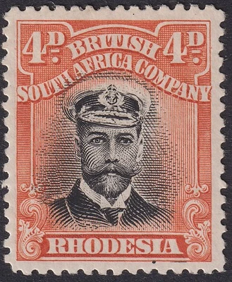 Rhodesia 1913 KGV Admiral 4d Black + Or-Red Die I p14 Mint SG211 Printer's Line - Image 1 of 2