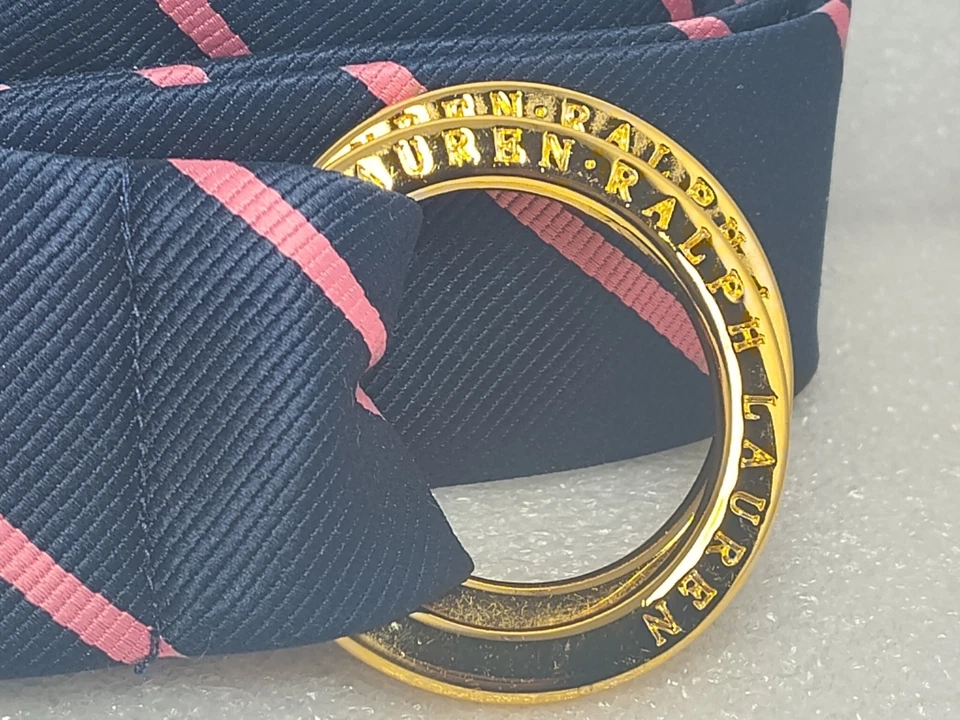 Ralph Lauren Blue Pink Fabric Belt Scarf Tie Embossed Brass Rings Approx 38.5" - Image 1 of 4