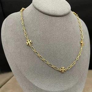 New! Tory Roxanne Chain Logo Necklace GOLD with Jewelry Pouch 44+11cm - Picture 1 of 2