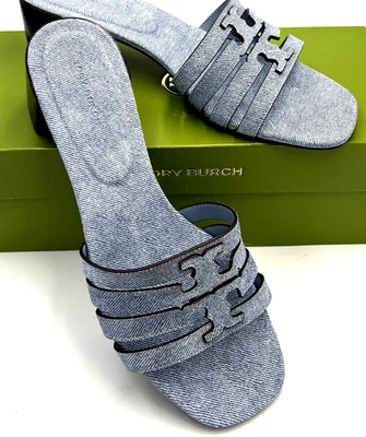 Sandalia Tory Burch Ines Tacón Mula 55MM Denim Gamuza Azul Nube Talla EE. UU. 9 NUEVA EN CAJA Foto 1 de 4