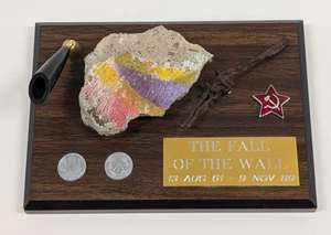 Berlin Wall "Fall of the Wall" Desk Plaque Wall Fragment, Coins, Pin, Barb Wire - Picture 1 of 18
