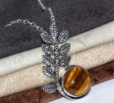 925 Silver Plated Leaves Tiger Eye Round Necklace Jewelry Size 17" MJ - Image 1 of 3