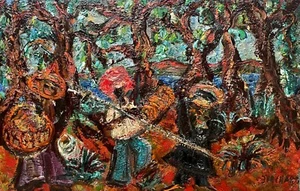 'Cambodgiens', Huile Sur Carton, Signature à Identifier, Tableau, Peinture, XXe - Imagen 1 de 4