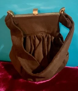 40s COCOA BROWN Slouchy WOOL FELT ART DECO PURSE Brass Frame/ONE STRAP EUC - Picture 1 of 20
