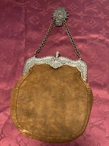 Antique Victorian Steel Suede Leather Chatelaine Purse With Belt Clasp