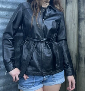 Vintage 90s East 5th Leather Belted Jacket Vampy Grunge Rave Cybergoth Cyberpunk - Bild 1 von 7