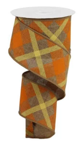 Cinta a cuadros impresa, bronceada/naranja/mostaza, arpillera real, cinta con cable, 2,5" de ancho - Imagen 1 de 2