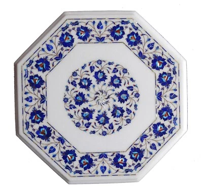 30" Designer White Marble Coffee Table Set Lapis Stone Floral Inlay Art Home Dec - Image 1 of 4