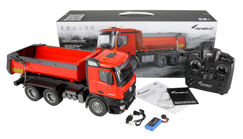 Amewi Mercedes-Benz Arocs Lizenz LKW Kipper 1:14 2,4GHz RTR rot -alles enthalten - Bild 1 von 4
