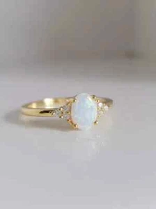 14k Yellow Gold Plated Sterling Silver Simulated Opal Engagement Ring - Picture 1 of 4