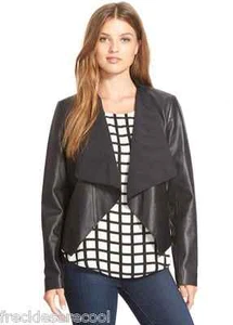 NWT HALOGEN NORDSTROM BLACK LEATHER OPEN FRONT DRAPE NECK SKINNY JACKET XS (0 2) - Picture 1 of 6