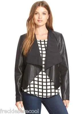 NWT HALOGEN NORDSTROM BLACK LEATHER OPEN FRONT DRAPE NECK SKINNY JACKET XS (0 2) - Image 1 of 4