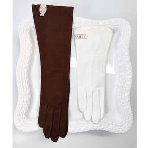 Lot 2 Vintage 60s ARIS Gloves Short Long Driving Cotton Brown White New S Size 7 - Picture 1 of 10