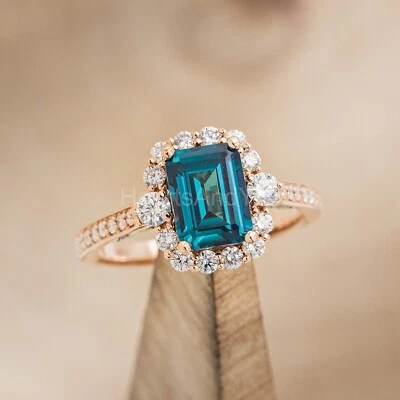 2.3ct Emerald Cut Natural London Blue Topaz & Diamond 14k SOLID Rose Gold Ring - Image 1 of 4