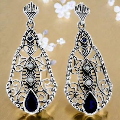 ANTIQUE STYLE 925 STERLING SILVER LAB-CREATED SAPPHIRE & FW PEARL EARRINGS  #400 - Image 1 of 2
