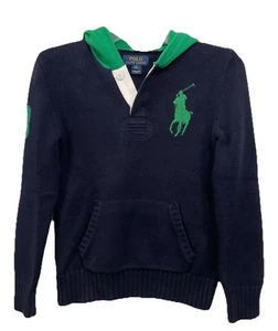 Polo Ralph Lauren Blue Green Hooded Henley Pullover Sweater Kids Size Medium 10- - Picture 1 of 11