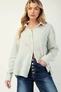 Embo detailed cotton gauze button down shirt - Picture 1 of 8