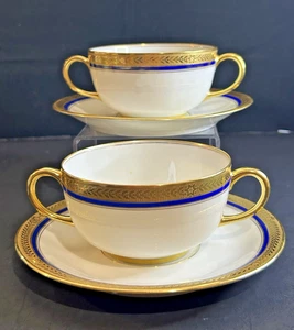 Limoges Kobalt Gold Creme Suppe Bouillon Sets (2) WT&VR Vignaud Frankreich - Bild 1 von 12