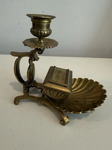Vintage brass chamberstick With Matchbox- Clam Shell Design - “IX” Makers Mark - Picture 1 of 23