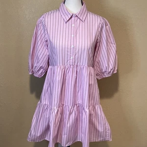 Vestido camisero rosa oliváceo a rayas en capas línea A, talla mediana, cuello, botón - Imagen 1 de 6