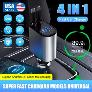 4 IN 1 Retractable Car Charger Cable Dual Port USB-C PD Fast Charging Adapter US - Picture 1 of 13
