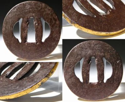Mokume-Kitae Wood Pattern Forged Iron Gold Mimi Tsuba Edo original tsuba antique - Image 1 of 4