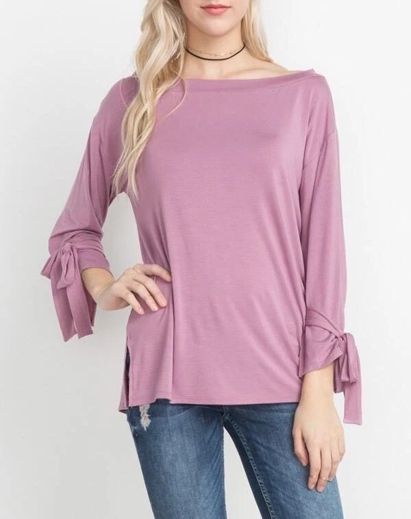 NEW Mittoshop Pink - Purple Soft Tie Sleeve Boat Neck Side Slit Loose Bamboo Top - Image 1 of 3