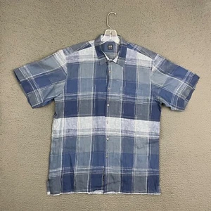 IKE BEHAR Shirt Mens Large Blue Check Linen Button Up Casual Dad Beach - Picture 1 of 9