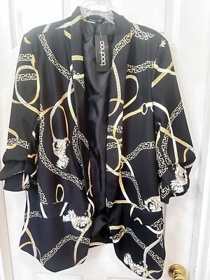 Boohoo Women’s Black Chain Print Blazer Sz20 Rushed Sleeve NEW Made in Italy - Image 1 of 4