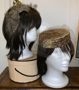 2 Vintage Hats Coifettes by Miss Eileen Silk Hat Netting & USA Feather Hair Band - Picture 1 of 10