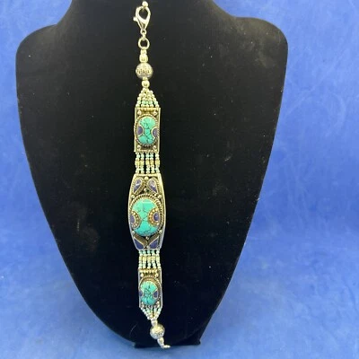 Tibetan Natural turquoise, lapis, metal work, handmade in Nepal, 7 1/2” Long - Image 1 of 4