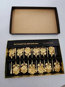 Set 12 MCM Ted Arnold SUNFLOWER Cocktail Martini Picks 24 Gold Plate NEW BARWARE - Picture 1 of 8