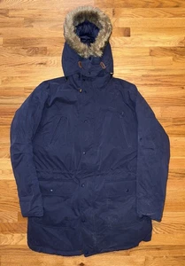 Vintage L.L. Bean Mens Goose Down Parka Navy Coat Fur Hood Size Large Tall - Picture 1 of 10