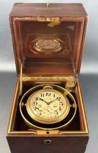 Antiguo Reloj Marítimo Waltham Ship's Cronometer 8 Días en Caja Cardán Madera 1910 - Imagen 1 de 14