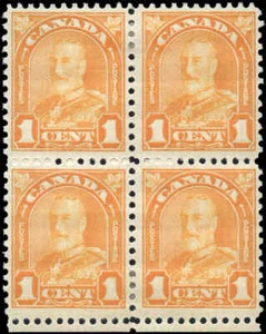Canada 1c Scott #162i RE-ENTRY Mint Hinged Fine+ Block 1930 KGV Arch/Leaf Stamps - Imagen 1 de 2