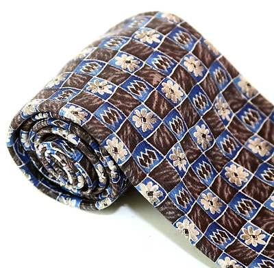 Corbata Ketch cuadrados y flores 60" x 3,5" azul marrón cuadrados estrecha vintage Foto 1 de 4