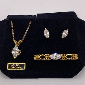 Vintage 18 Zoll goldfarbene Zirkonia Marquise Ohrstecker, Halskette und Brosche Anstecknadel - Bild 1 von 6