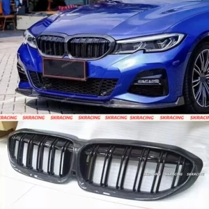 Front Kidney Double Slats Real Carbon Fiber Grille Fits BMW 3 Series G20 19-22 - Picture 1 of 9