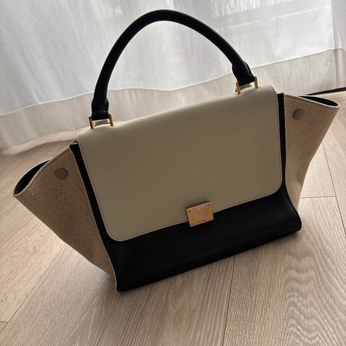 Borsa a mano CELINE trapezio pelle scamosciata 2 vie blu navy bianca USATA Giappone spedizione gratuita