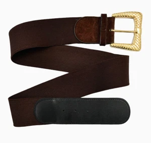 Vintage VENEZIA Wide Belt Gold Buckle Women's Size 18/20 Brown Suede & Stretch - Picture 1 of 8