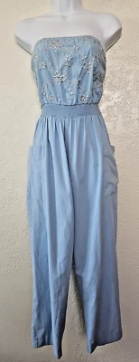 Vintage Dotti S Blue Jumpsuit Strapless, Open/Tie Back,Embroidered, USA Foto 1 de 4