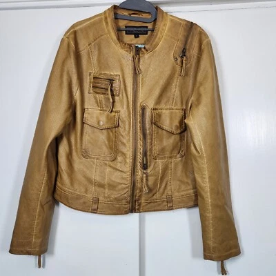 Vintage '90s Members Only Tan Vintage Faux Leather Zippers Biker Moto Jacket LG - Imagem 1 de 4