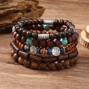 5pcs Vintage Life Tree Texture Multi-layer Wooden Bead Bracelet Thanksgiving - Picture 1 of 6