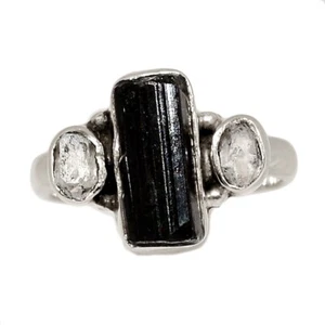 Natural Black Tourmaline & Herkimer Diamond 925 Silver Ring Jewelry s.7 CR74896 - Picture 1 of 1