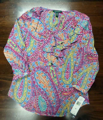 RALPH LAUREN-BLOUSE--X-SMALL-PAISLEY/FLORAL-3/4 袖-褶皱-棉-全新-89.50 美元 — 第 1/4 张图片