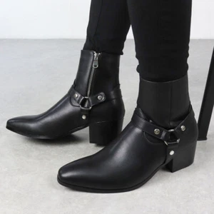 Britische spitz zulaufende Herren Stiefeletten Chelsea Boot formell elegant Clubwear Schuhe Blockabsatz - Bild 1 von 17