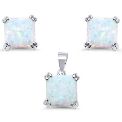 White Opal Cushion Cut .925 Sterling Silver Earring and Pendant Set - Image 1 of 2
