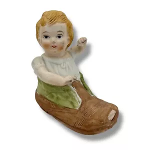 Boy In A Shoe Vintage Lefton China KW7678 Porcelain Bisque Miniature Figurine - Picture 1 of 13