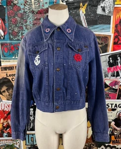 Chaqueta de jean hippie de mezclilla bordada con parches náuticos de colección para mujer años 70 talla PS - Imagen 1 de 14