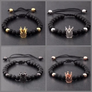 Men Bracelet 24kt Gold Plated Crown Micro Pave Zircon Matt Lava Macrame Bracelet - Picture 1 of 92